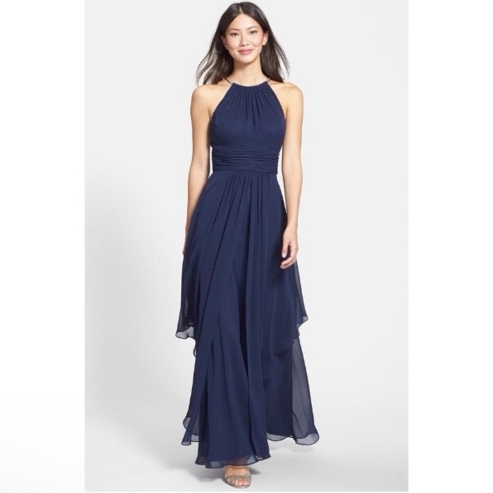 Eliza J Chiffon Layered Gold Chain High Neck Navy Maxi Gown Size 10 - Picture 1 of 9